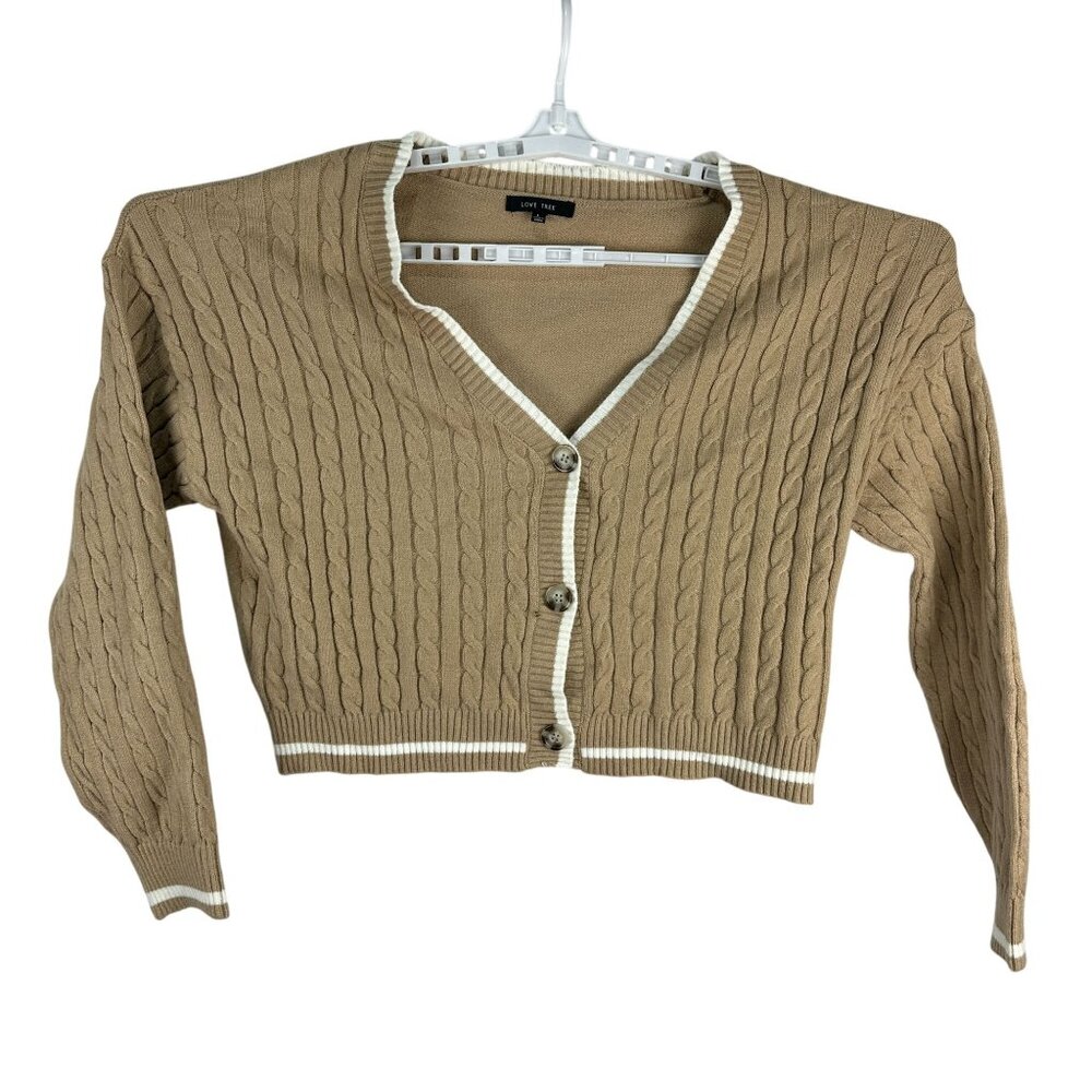 Love Tree Womens Large Cable Knit Cardigan Tan V-Neck Button-Up Sweater